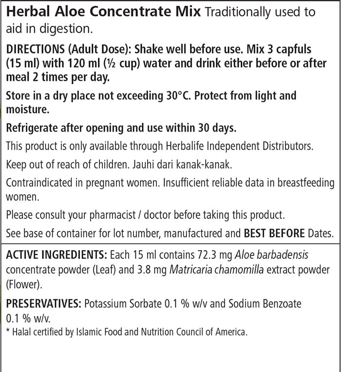 Herbalife Herbal Aloe Concentrate Mix - Mandarin Flavour Mandarin 473ml Ingredients Nutrition Fact